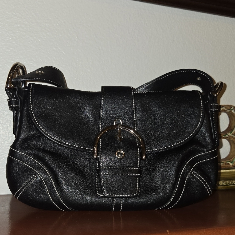 Coach Black Leather Shoulder Bag with Silver Accents